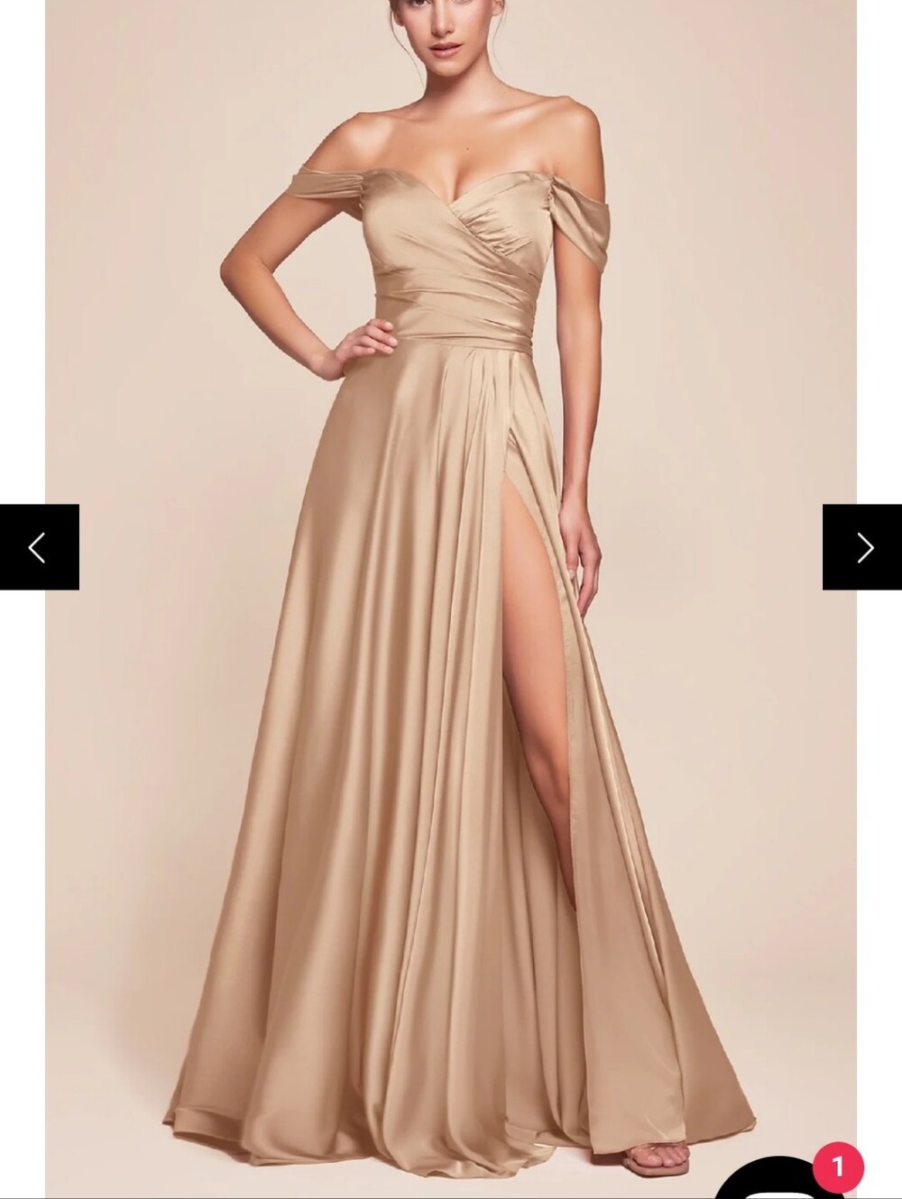 Ladivine Off-Shoulder Champagne Evening Gown with Thigh Slit Size 10 EUC